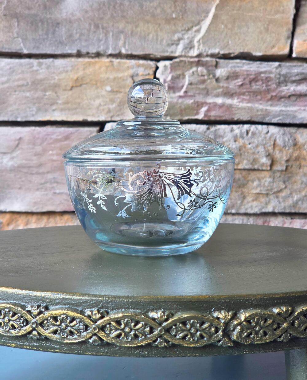 Vintage-Style Silver Glass Lidded Bowl: Floral Vanity Jar, Decorative Container